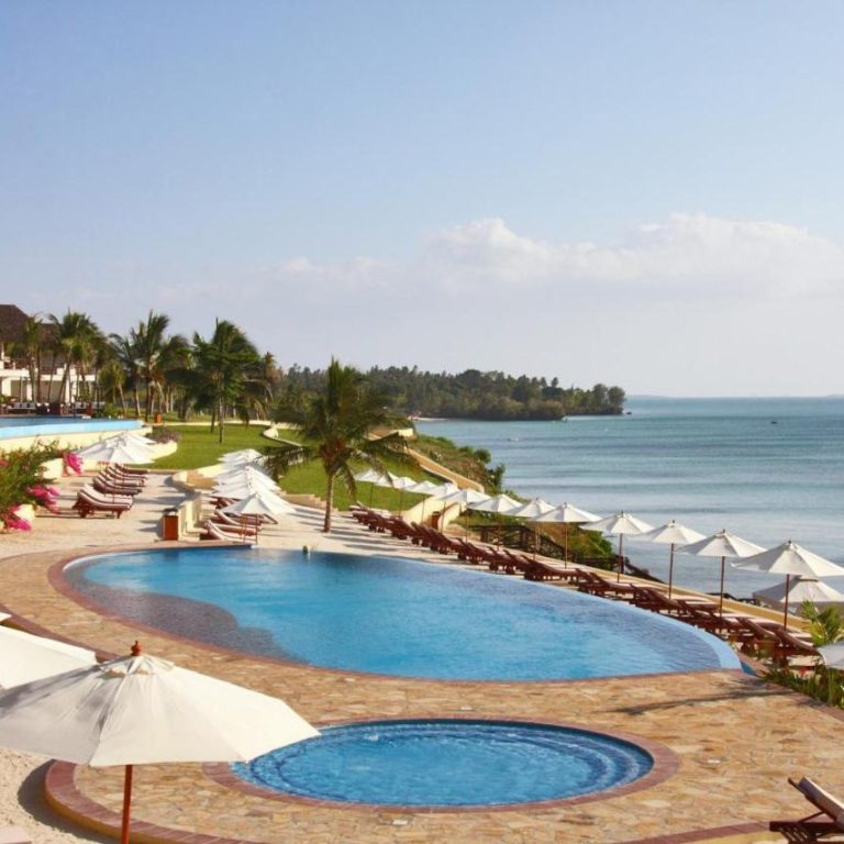 Sea Cliff falez üstü sonsuzluk havuzu, palmiyeler ve Hint Okyanusu, Zanzibar oteli