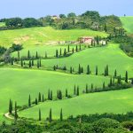 Val d’Orcia’da selvi ağaçlı kır yolu ve yeşil tepeler, Toskana
