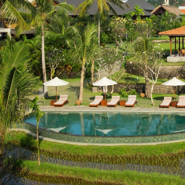Alaya Resort Ubud havuzu, Bali şemsiyeleri ve şezlonglar