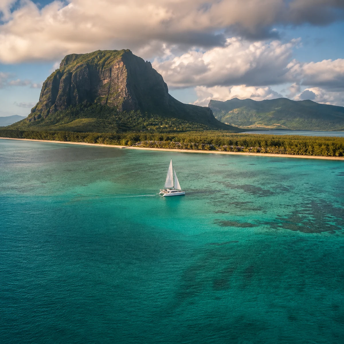 Mauritius Le Morne lagünü ve katamaran